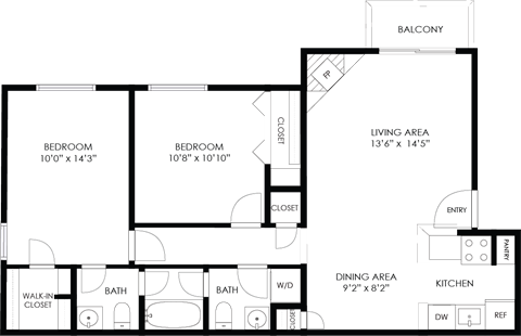 A floor plan of a house with two bedrooms, a living area, a kitchen, a dining area, a bathroom, and a walk-in closet.